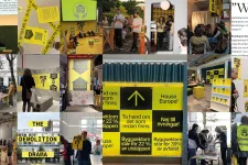 Collage of tiny photos and pictures in yellow and black. Illustration.