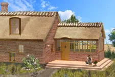 Woman sitting at porch in front of brick building surrounded by greenery. Illustration.