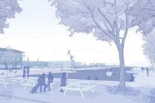 Architectural drawing of harbour area with trees and greenery. Illustration.