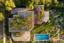 Helicopter-view of house, pool, garden and green surroundings. Photo.