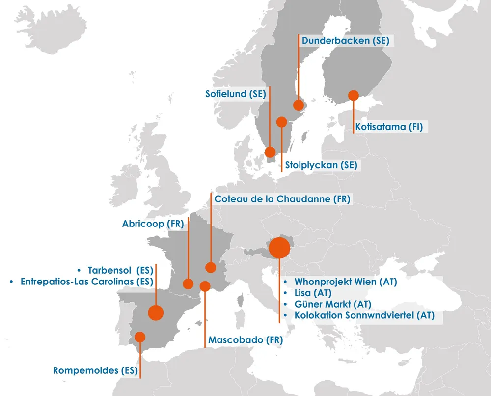 Map of Europe with case study findings pinpointed. Illustration.