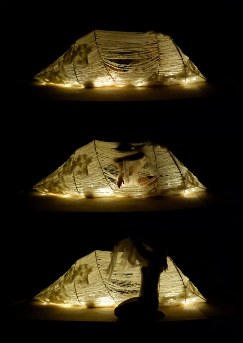 Illustration with three photos of woman pulling the strings. Photo. 