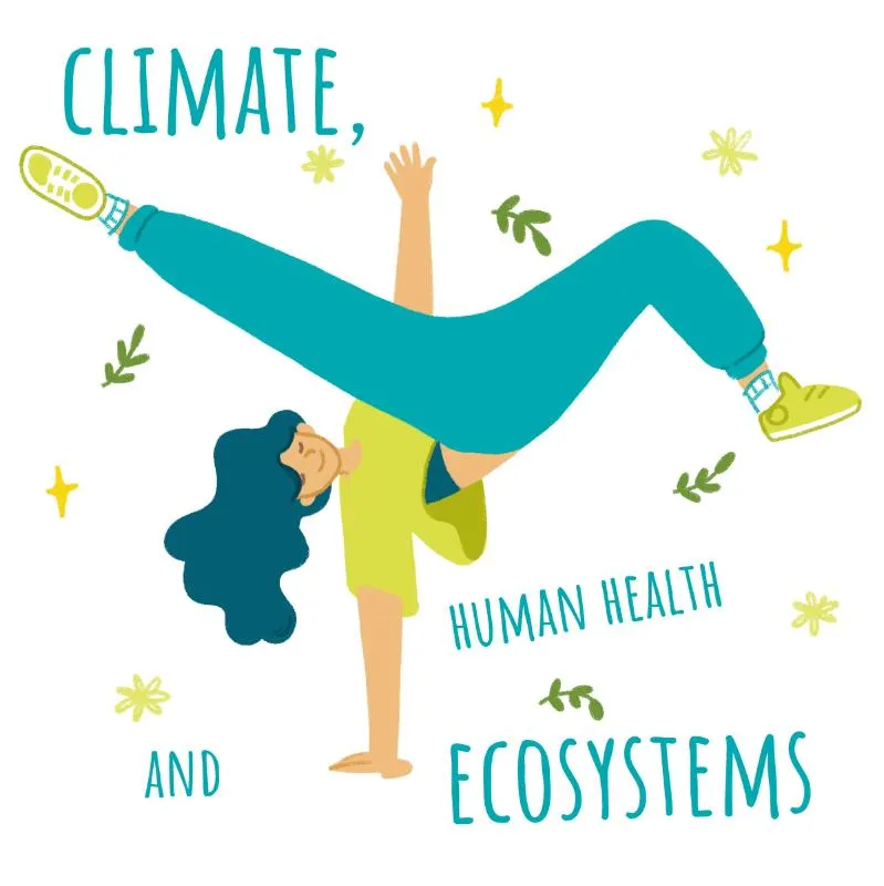 Girl doing breakdance among the word climate, human health and ecosystems. Illustration.