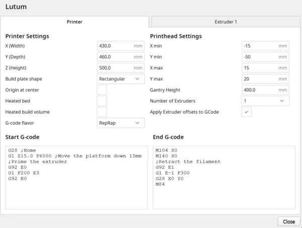 Printer setup in Cura described using a screenshot from settings window.