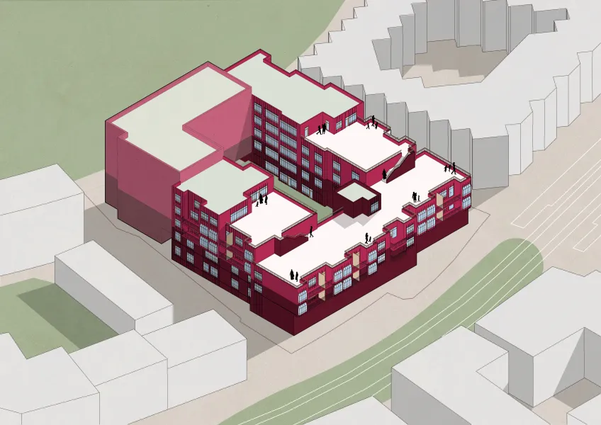 Overhead view of a housing block in an urban context. Rendering.