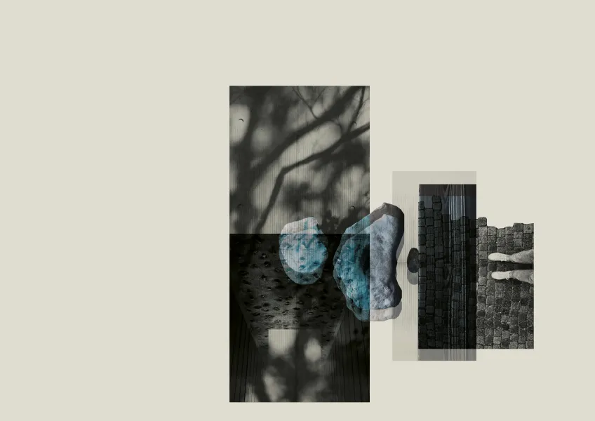 Materials like bricks and glass with shadows. Collage.