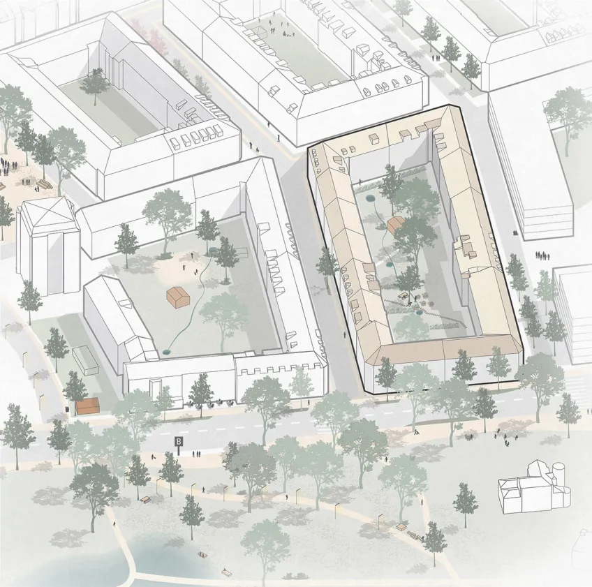 Areal view of courtyard house. Illustration.
