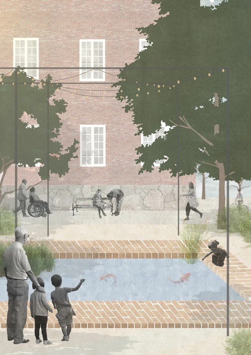 People around artificial pond and house. Collage.