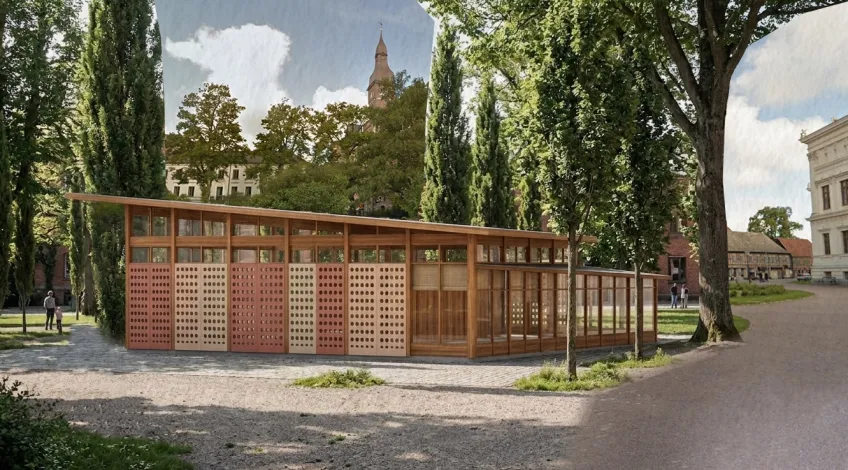 Wooden pavillion in greenery. Rendering.