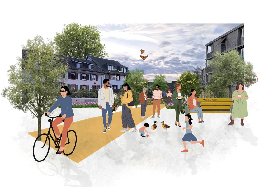 City situation with people strolling and biking. Illustration. 