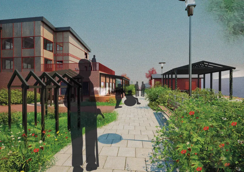 Apartment complex with garden with shadows of people. Rendering.