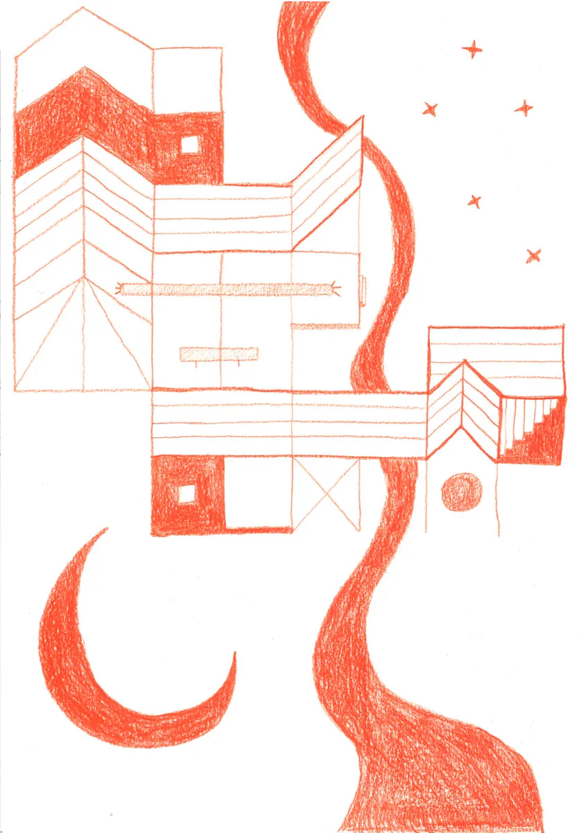 House surrounded by river, stars and moon. handdrawn Illustration.