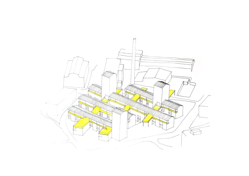 Industrial houses seen from above. Illustration.